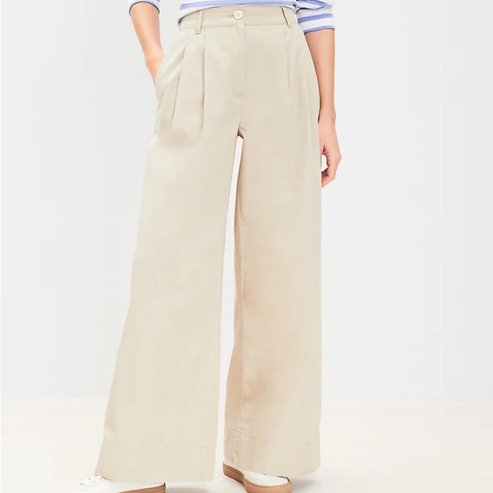 LOFT Petite Poplin Pleated Wide Leg Relaxed Khaki Pants NWOT - Picture 3 of 8